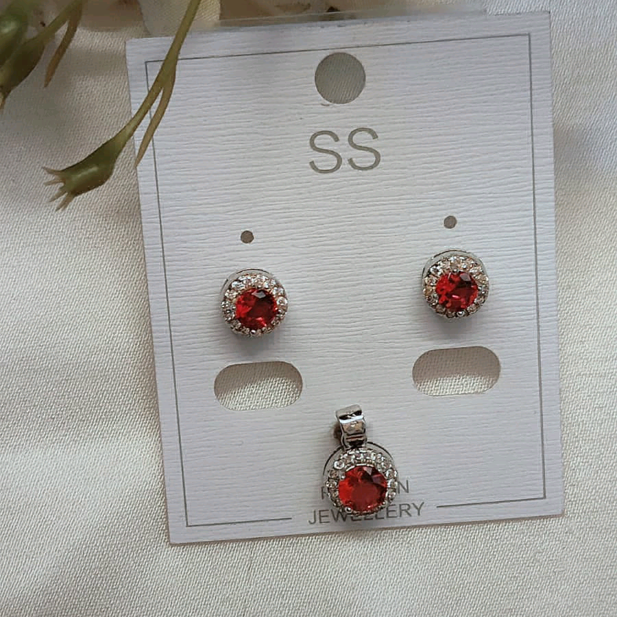 Silver Red Shining Pendant With CZ Pendant Set 